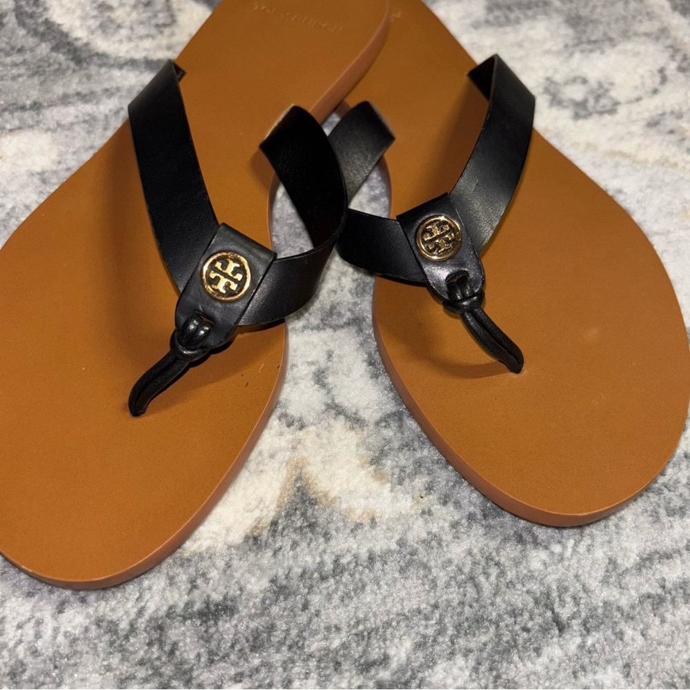 Tory Burch Black and Tan Flip-Flops